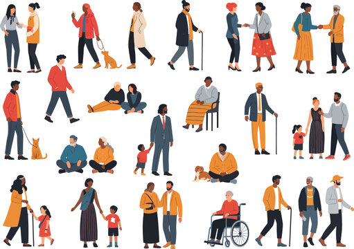 Diverse group of people of all ages and ethnicities interacting and enjoying leisure time together outdoors on a white background