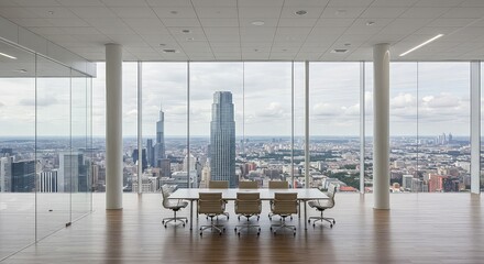 An empty, modern airport terminal with a stunning city and sky view from expansive glass windows