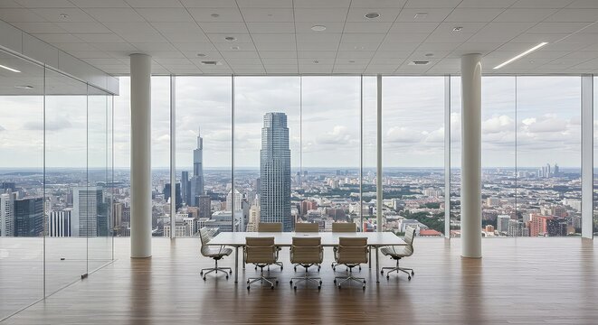 An empty, modern airport terminal with a stunning city and sky view from expansive glass windows