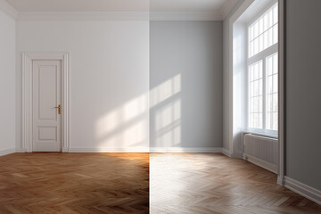 A simple room comparison showing plain walls versus colored walls