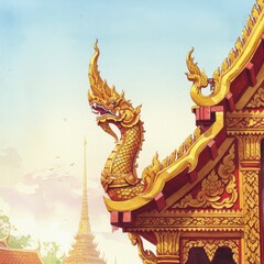 Fototapeta premium Golden Naga Sculpture on Thai Temple Roof - Watercolor Painting