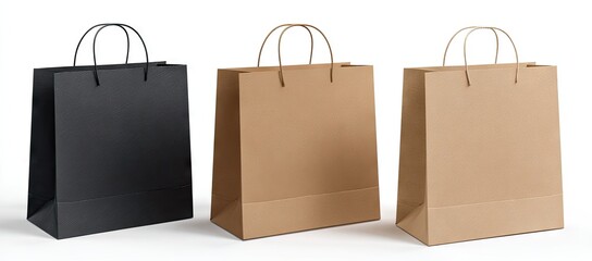 Three blank paper shopping bags in various colors