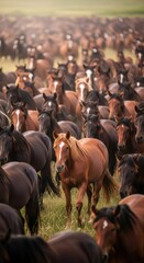 Herd wild horse running grassland. Freedom animal gallop savanna. Fire red horse zodiac sign concept for Chinese New Year 2026.