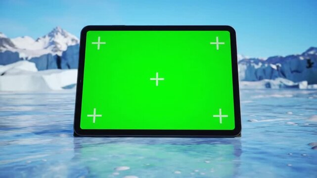 A digital tablet with a green screen mockup stands on a frozen icy surface in a polar landscape.