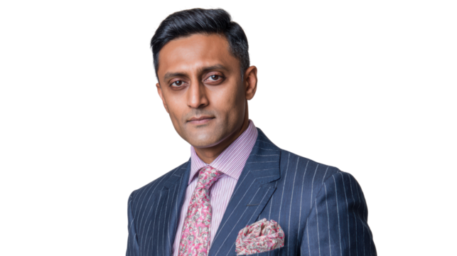 Confident businessman in a pinstripe suit, posing with a professional demeanor on a white isolated background. - Powered by Adobe