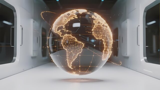 Glowing Earth Globe with Digital Connections in a Futuristic Corridor