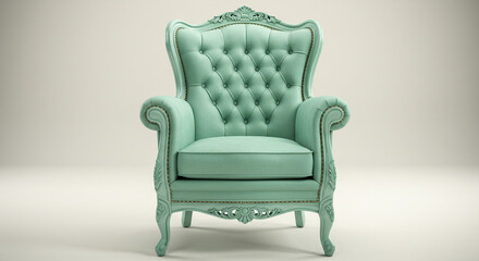 A light green tufted armchair with ornate carvings set against a neutral background in a studio shot