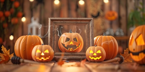 Halloween display with jack o lanterns and autumn leaves
