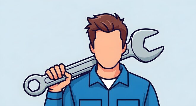 Mechanic with Spanner: A stylized illustration of a mechanic holding a large wrench, symbolizing skill and reliability. Clean lines and bold colors create a strong graphic.