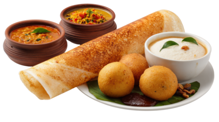 Delicious Indian dosa platter with sambar, chutney, and vada on a white plate, white isolate background.