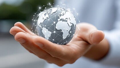 a hand holding a digital, glowing globe with network connections, representing global connectivity and technology