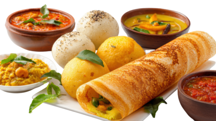 Delicious Indian food platter with dosa, idli, and a variety of saucy accompaniments on a white background.