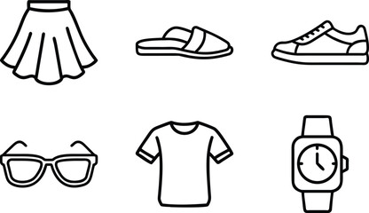 Naklejka premium Fashion and clothing line icons including skirt shoes and watch