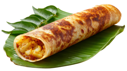 Delicious rolled dosa filled with spiced potatoes on a banana leaf.