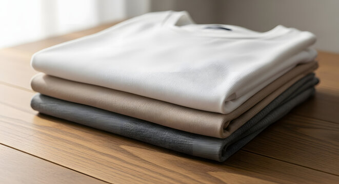 A neat stack of freshly laundered and folded shirts in neutral colors, showcasing a fine ribbed texture on a warm wooden table for a cozy, minimalist lifestyle concept