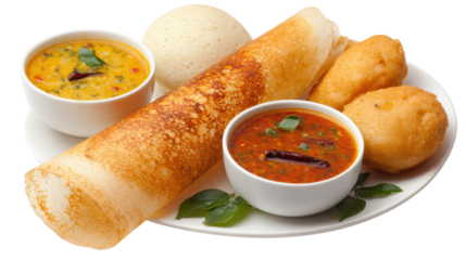 Delicious South Indian meal featuring dosa, idli, and vada with flavorful chutneys in bowls, white isolate background.