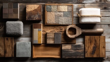 Assorted samples of natural materials arranged on a wooden surface.