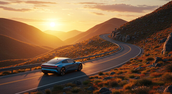 A blue car drives along a winding mountain road at sunset with mountains in the background scenery view - Powered by Adobe