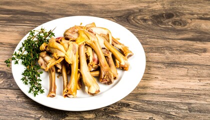 A collection of cooked chicken bones sits atop a white plate, arranged in a slightly overlapping pile.  Fresh thyme sprigs grace the plate's edge, enhancing the culinary presentation.