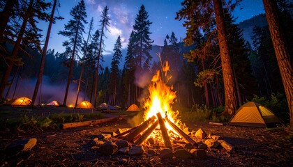 Nighttime Forest Campfire A Warm Blaze Amidst Tents and Trees, A Perfect Outdoor Experience