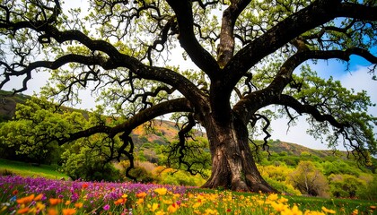 Obraz premium A magnificent oak tree, adorned with lush green foliage, stands majestically over a vibrant meadow filled with wildflowers.