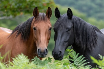 Fototapeta premium two horses, one brown and the other black in color, stand on the grass near trees, eating fresh green leaves on a sunny day.