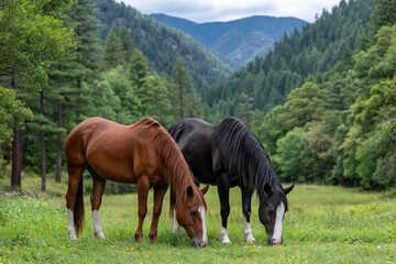 two horses, one brown and the other black in color, are grazing on the grass near trees in an open field.