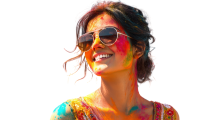 Joyful woman smiling with colorful powder on her face, celebrating a vibrant festival, isolated on white.