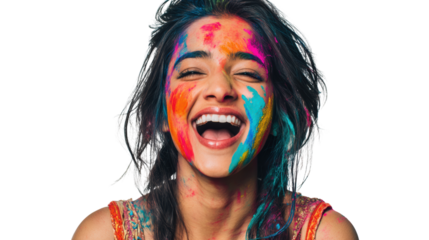Joyful woman with colorful face paint laughing. Vibrant expression on a white isolated background.