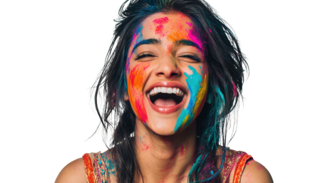 Joyful woman with colorful face paint laughing. Vibrant expression on a white isolated background.