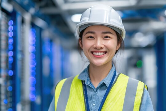 A young woman stands confidently in a server room, wearing a hard hat and safety vest. She is smiling and surrounded by rows of servers with blue lights, showcasing a high-tech environment.
