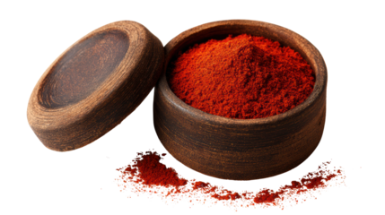 Rich red spice in a wooden bowl, isolated on white background, perfect for culinary use and presentations.