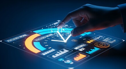 Time management and productivity concept. A hand adjusts the pointers of a holographic clock with colored segments for different tasks.