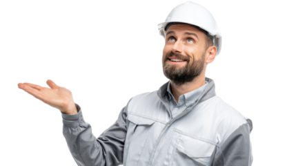 Smiling construction worker in hard hat gestures with hand, promoting safety and professionalism in the workplace.
