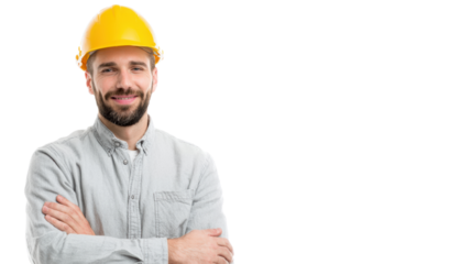 Smiling construction worker in yellow helmet, arms crossed, isolated on white background.