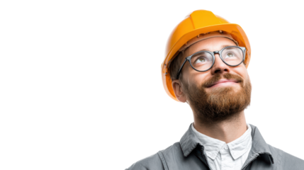 Smiling construction worker in hard hat looking up, isolated on white background.