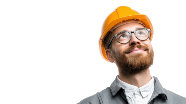 Smiling construction worker in hard hat looking up, isolated on white background.