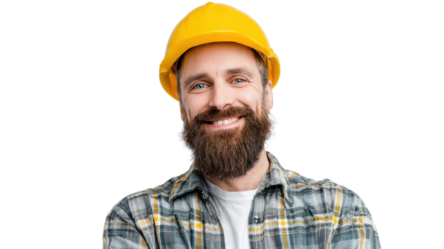 Smiling construction worker with a yellow hard hat and plaid shirt, posing confidently on a white background.