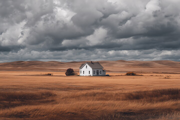 White Farmhouse in a Brown Field Under a Cloudy Sky