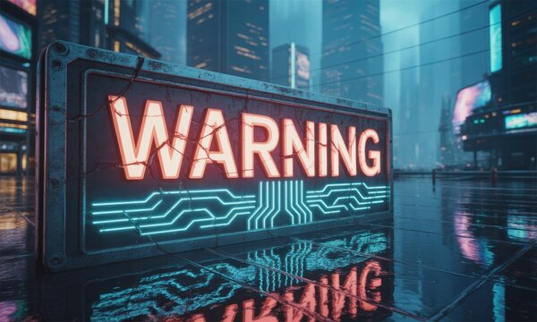 Neon WARNING sign glows amidst futuristic cityscape, reflecting in wet street