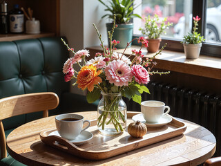 Korean coffee table floral shape, with wooden tray and glass tea cups, the everyday elegance of Korean floral style is suitable for cafe interior decoration with warm details.