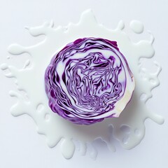 Fototapeta premium Purple Cabbage Slice on White Background with Milk Splash Effect