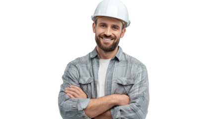 Smiling man in a hard hat, arms crossed, standing confidently against a white isolated background.