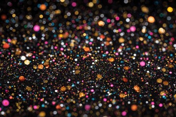 An array of colorful glitter particles in various sizes is spread across a dark surface. The vibrant hues of pink, gold, and blue sparkle against the black, creating an enchanting effect.