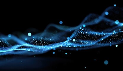 Abstract digital wave of glowing blue particles on a black background