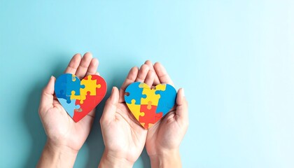 Hands holding puzzle heart shapes on light blue background