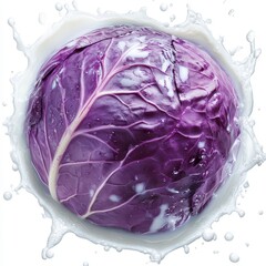 Fresh Purple Cabbage in Splashing Water Isolated on White Background