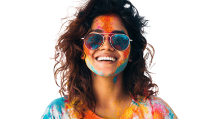 Smiling woman with colorful paint on face, wearing sunglasses, cheerful expression, isolated on white background.