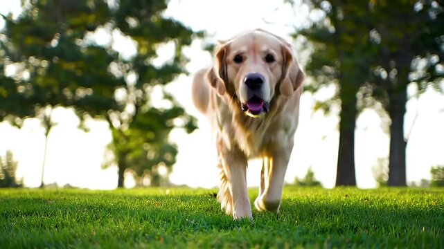 Joyful golden retriever running in the park, a playful and heartwarming nature scene, perfect for