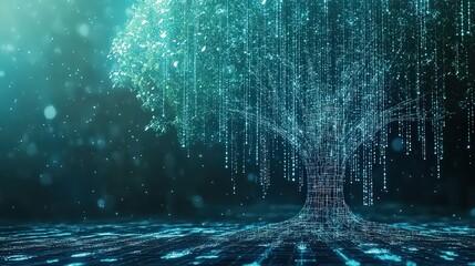 Digital tree with glowing leaves and roots on a patterned surface in a dark teal environment